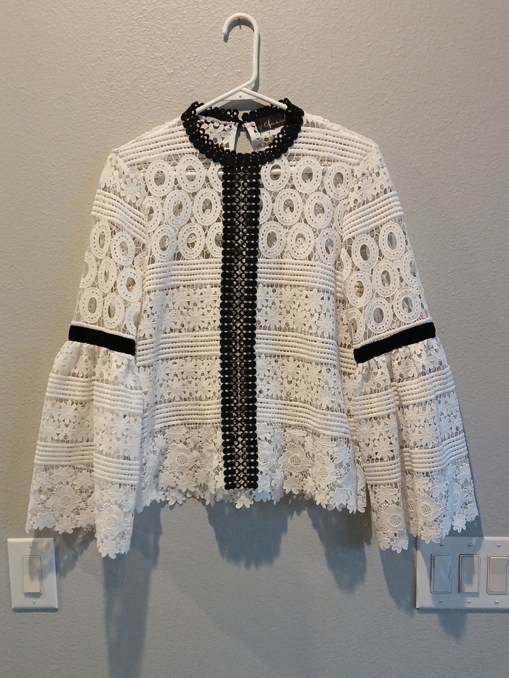Chicwish Large White Crochet Lace Blouse with Black Trim Bell Sleeve Crochet